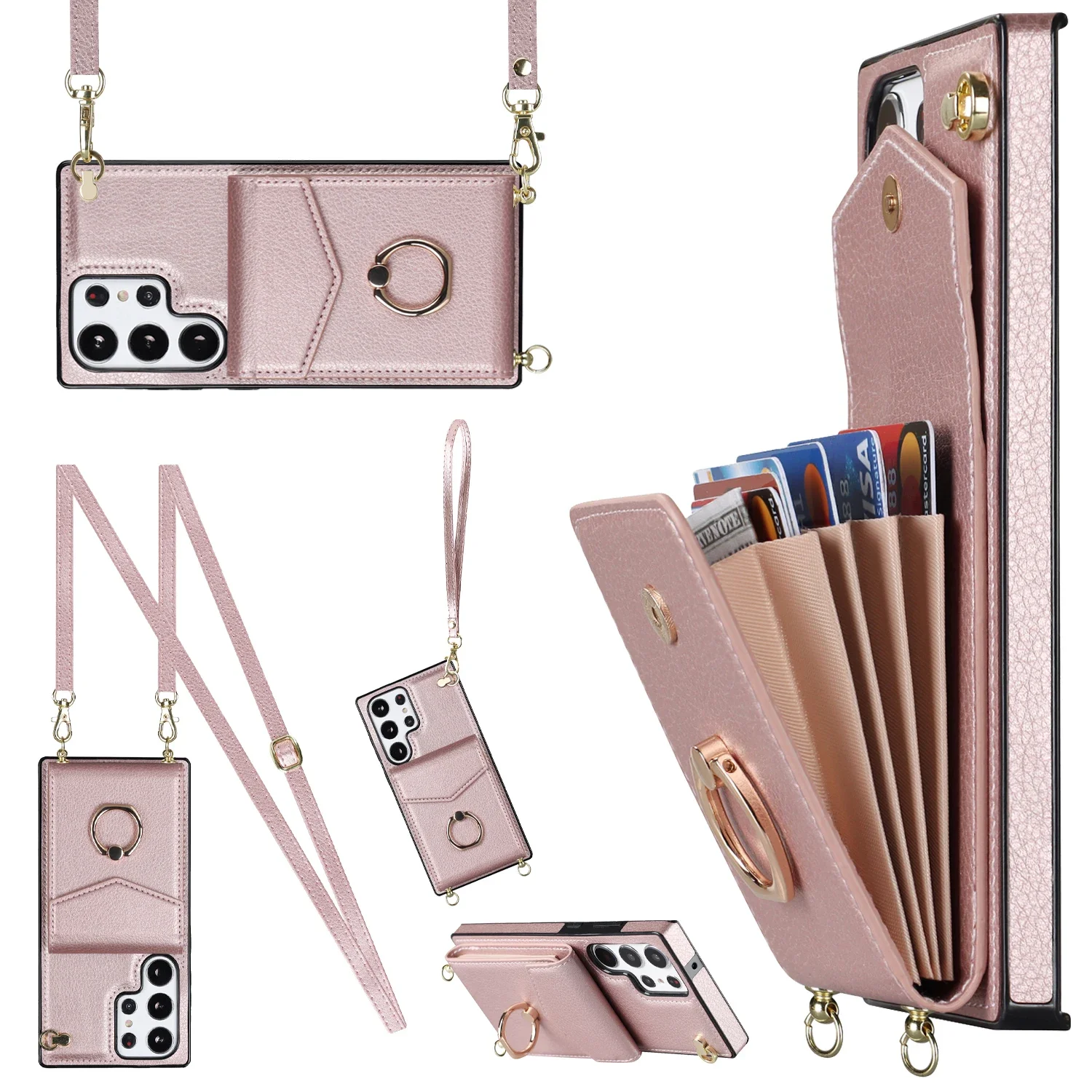 Ring Stand Crossbody Case For Samsung Galaxy S21 S20 S23 FE S24 S22 Plus Note 20 Ultra A54 A53 A14 5G Card Holder Leather Cover