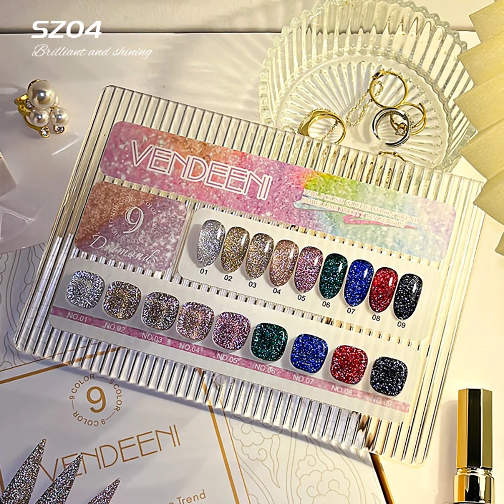 Vendeeni 9 Farben/Set Glitzer-Broken-Diamond-Gel-Nagellack TPO FREE Schwarz Gold Silber Flash UV LED Gel-Lack mit Display – Detail 1