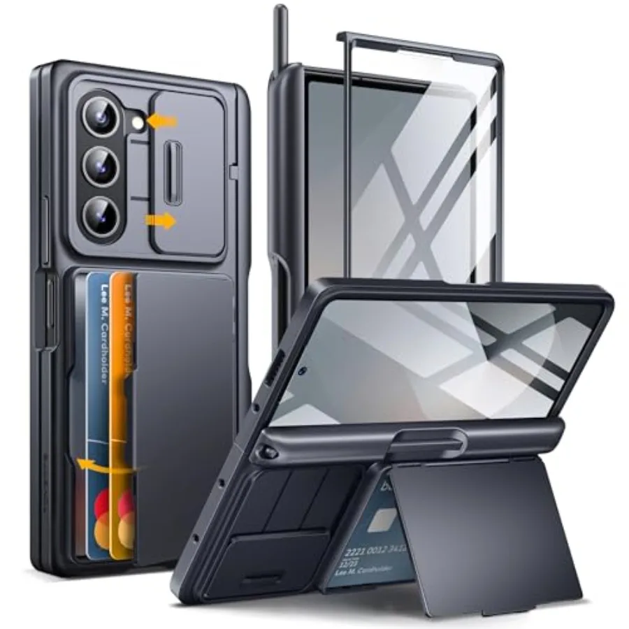 

Прочный чехол-кошелек с защитой шарнира, держателем для карт и S Pen для Samsung Galaxy Z Fold 6, черный, включает защитное стекло для экрана