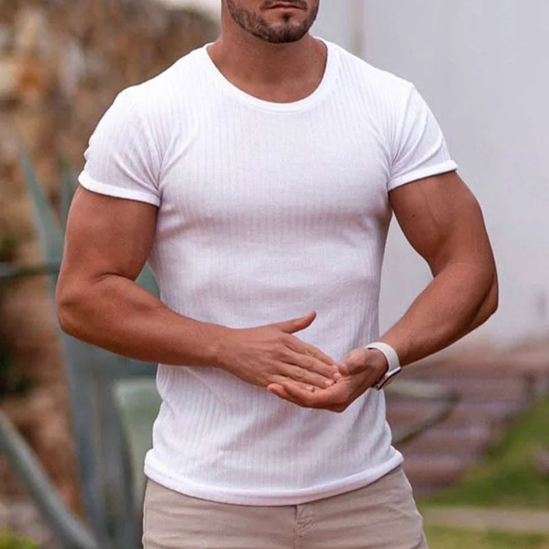 

Summer Mens T-shirt Short Sleeve Solid Color Casual Loose Vertical Top T-shirt for Men