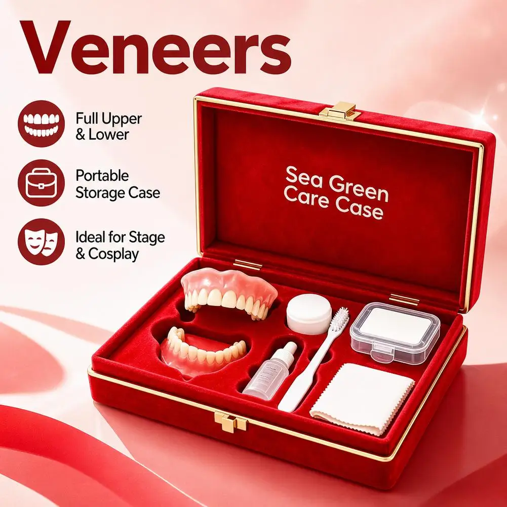 Full Mouth Denture Kit Natural Upper Lower Fake Teeth Comfort Fit With Gift Box & Complete Dental Care Cleaning Set ﻿