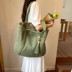Large Capacity Weave Tote Bag Summer Travel Beach Straw Handbag Tassel Design Female Bohemian Shoulder Bag for Women 2024
