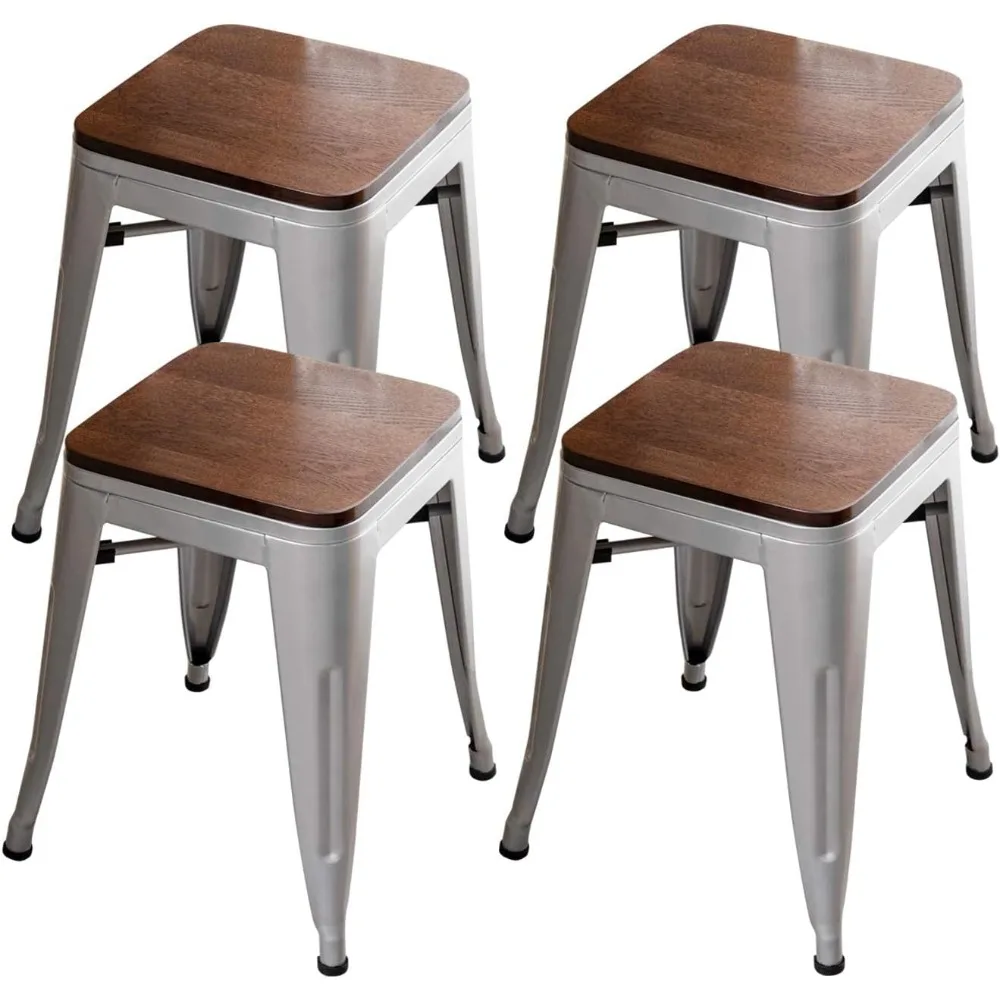 

Modern Industrial Metal Stool Classroom Stools with Wooden Seat [Set of 4] Stackable 18" Dining Chair Short Stools