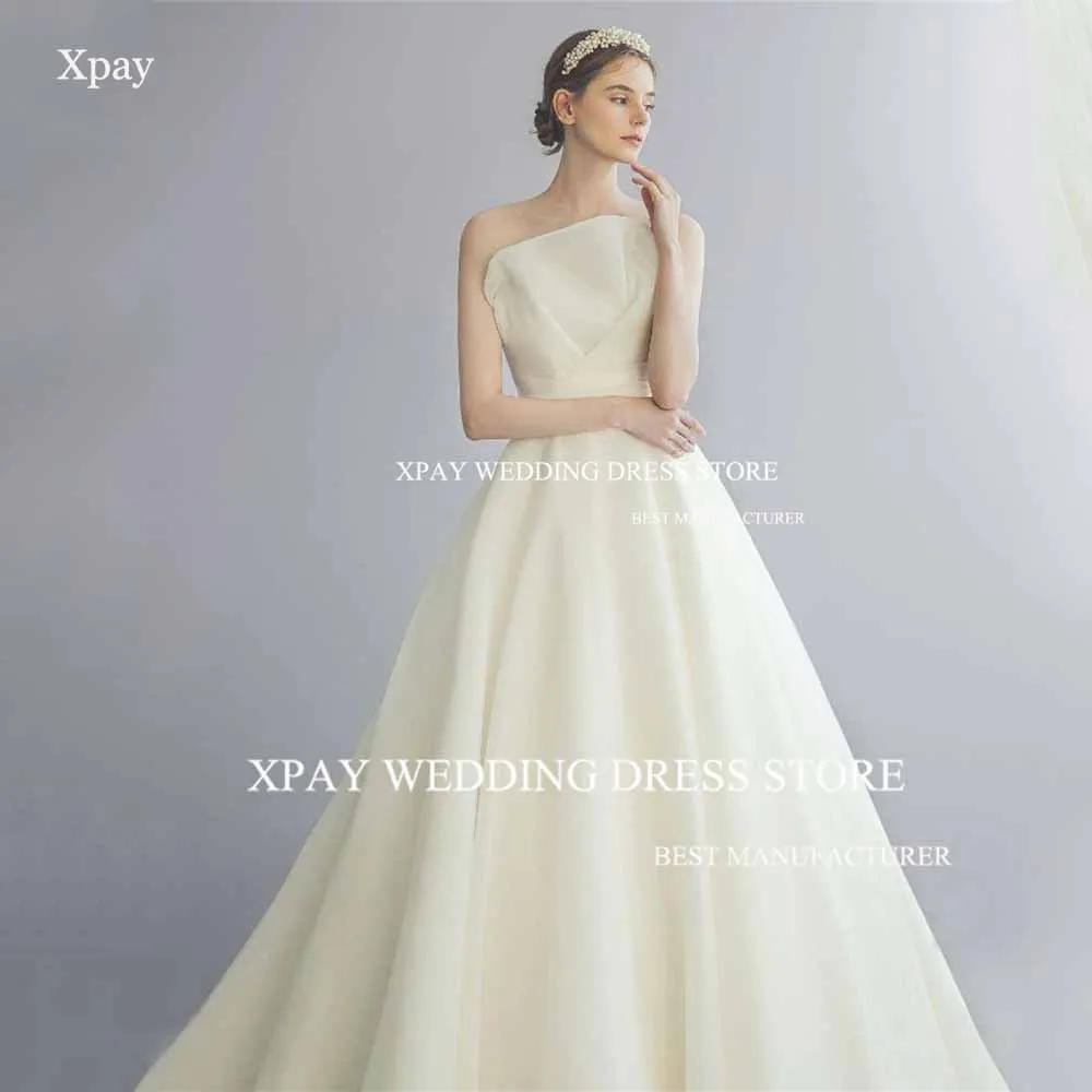 

XPAY Luxury Strapless Korea Ball Gown Satin Organza Pleats A Line Wedding Dresses Photography Shoot Elegant Custom Bride Gown