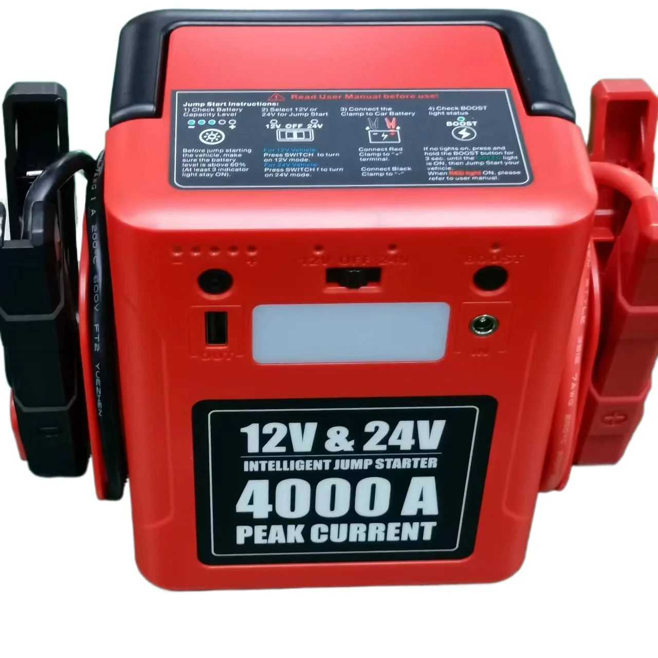 Multi-function 12V 24V Rechargeable Battery PoweredJump Starter  Peak Current 4000A Booster