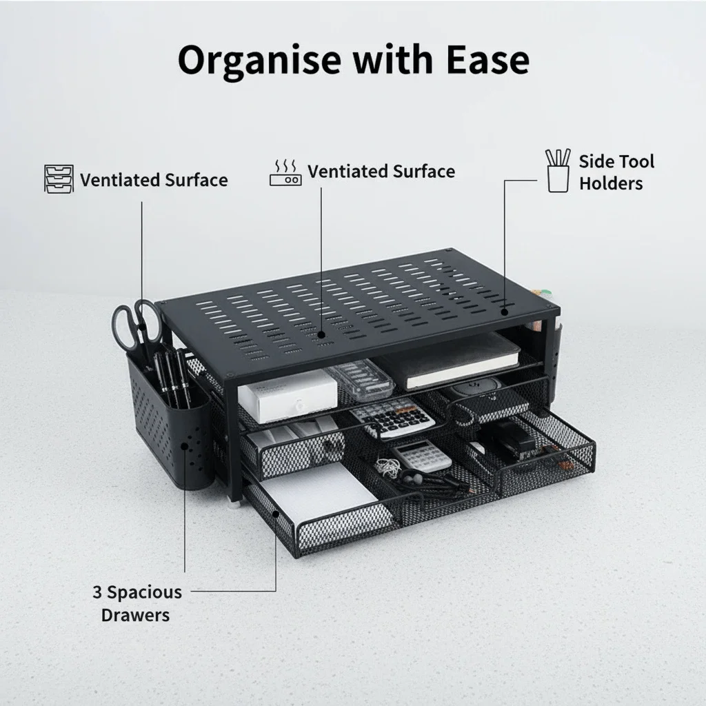 Ergonomischer Monitorständer mit Schublade & 2 Stifthaltern, Laptop-Kühlständer, Schwarzer Büro-Schreibtisch-Organizer