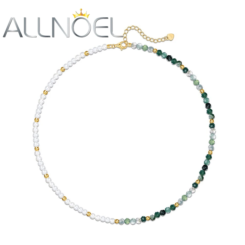 

ALLNOEL Solid 925 Sterling Sliver Necklace For Women Moss Agate Pearl Gemstone Beaded Elegant Minimalist Choker Jewelry Gifts