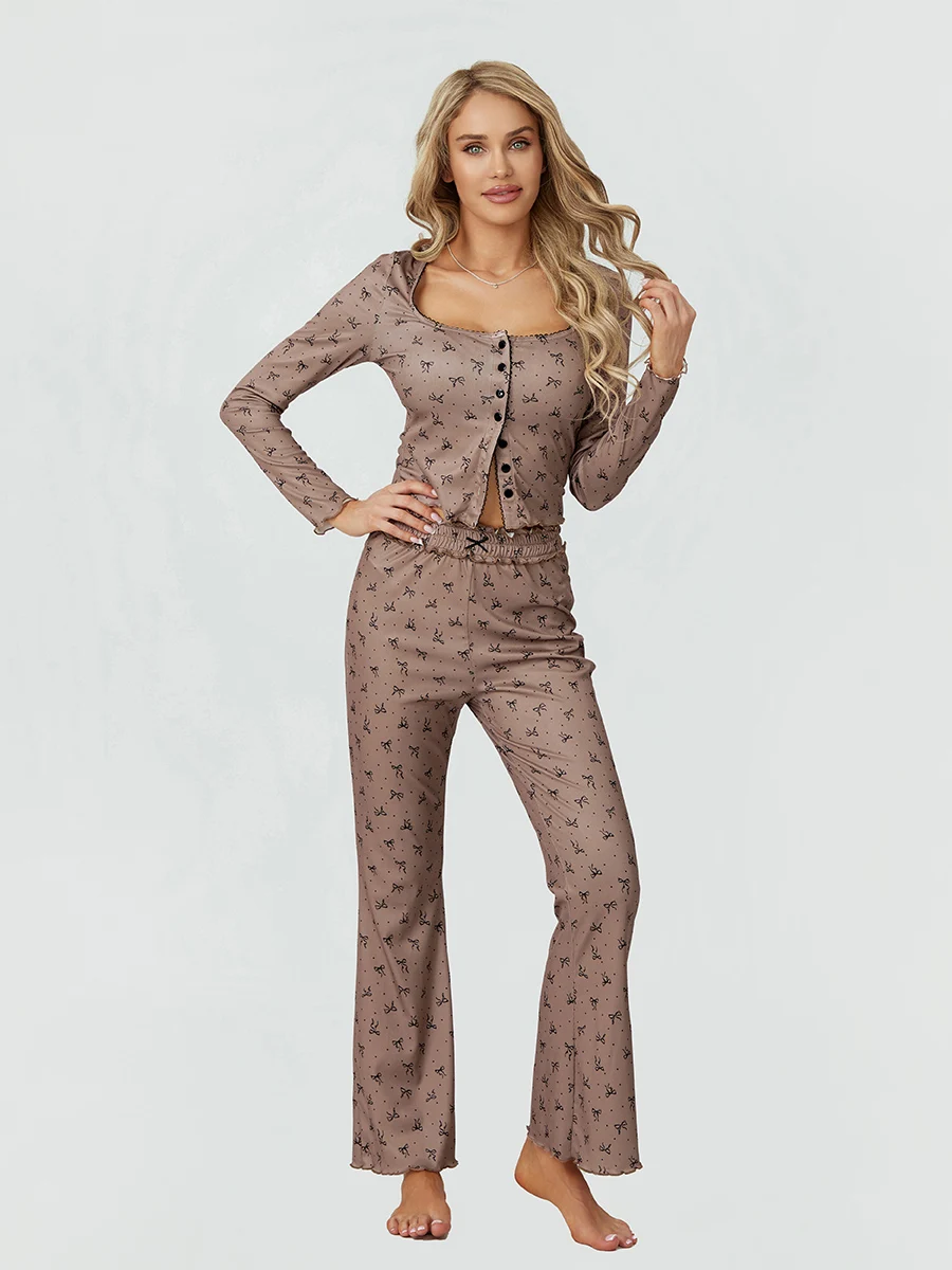 Spring Fall Two-Piece Lounge Wear Sets Female Casual Pajamas Sets Long Sleeve Buttons U-Neck Cardigan Crop Tops and Flare Pants