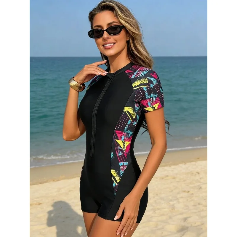 One Piece Floral Swimwear Swim Suit Women Short Sleeve Swimsuit Zip Front Tropical Plant Surfing Sun Protection with pad