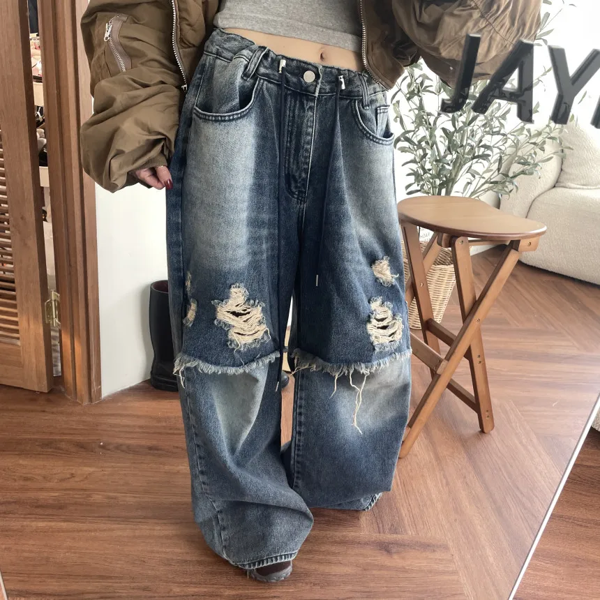 

Шикарные корейские женские джинсовые джинсы до колена, двухслойный дизайн, широкие длинные брюки, модные длинные брюки с отрывными отверстиями на талии, синие