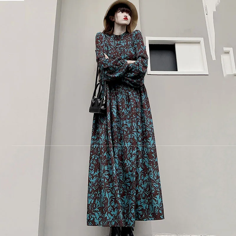 

Женское шифоновое платье с длинным рукавом, повседневное длинное платье с длинным рукавом и винтажным принтом, модель H20 на весну и осень, 2024