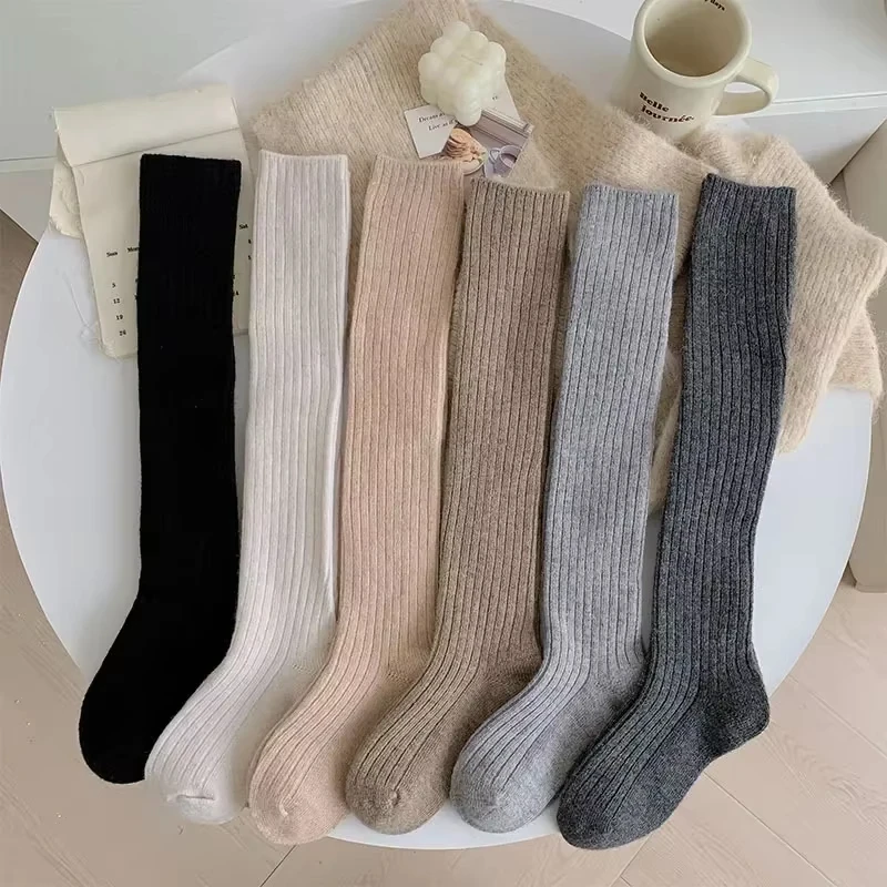 Wool  Women's Knee Socks Soft Waxy Solid Color Thickened Warm Cashmere Calf Socks Double Needle Knee Socks High Tube