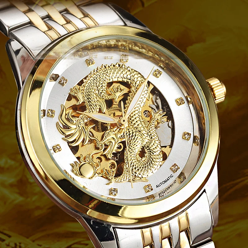 Gold Dragon Automatic Mechanical Wristwatches Full Stainless Steel Strap Luminous Luxury Crystal Skeleton Wristwatches Gifts Box