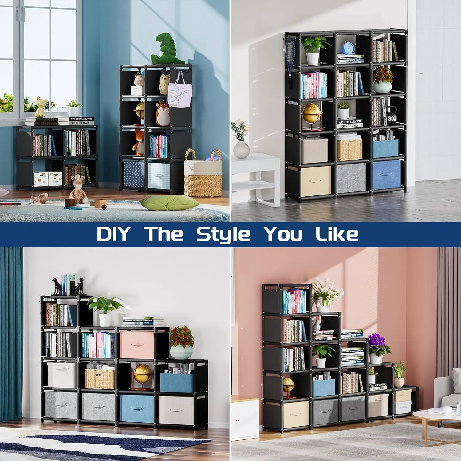 Mavivegue Bookshelf,15 Cube Storage Organizer,Book Shelf Organizer,Tall Bookcase Shelf,Book Cases/Shelves,Black Cube Shelf,C