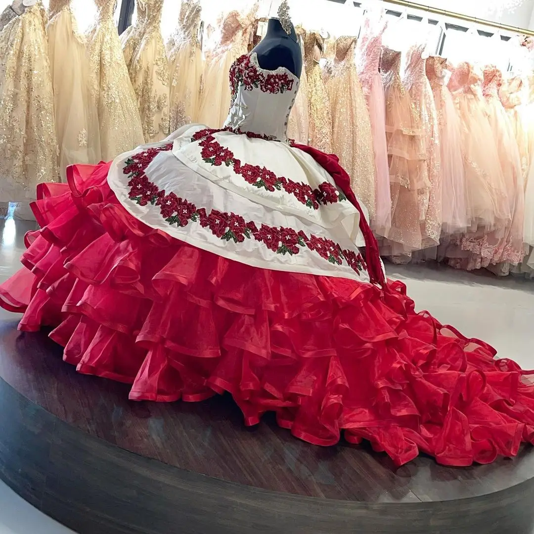 Mexican Off Shoulder Ruffles Red and Ivory Quinceanera Ball Gown Detachable 2 Pieces 15 Anos Vestido