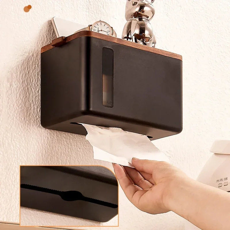 No-Drill Bathroom Tissue Box Wall-Mounted Waterproof Toilet Paper Holder Solid Wood Paper Storage Rack Dining Room Organizer