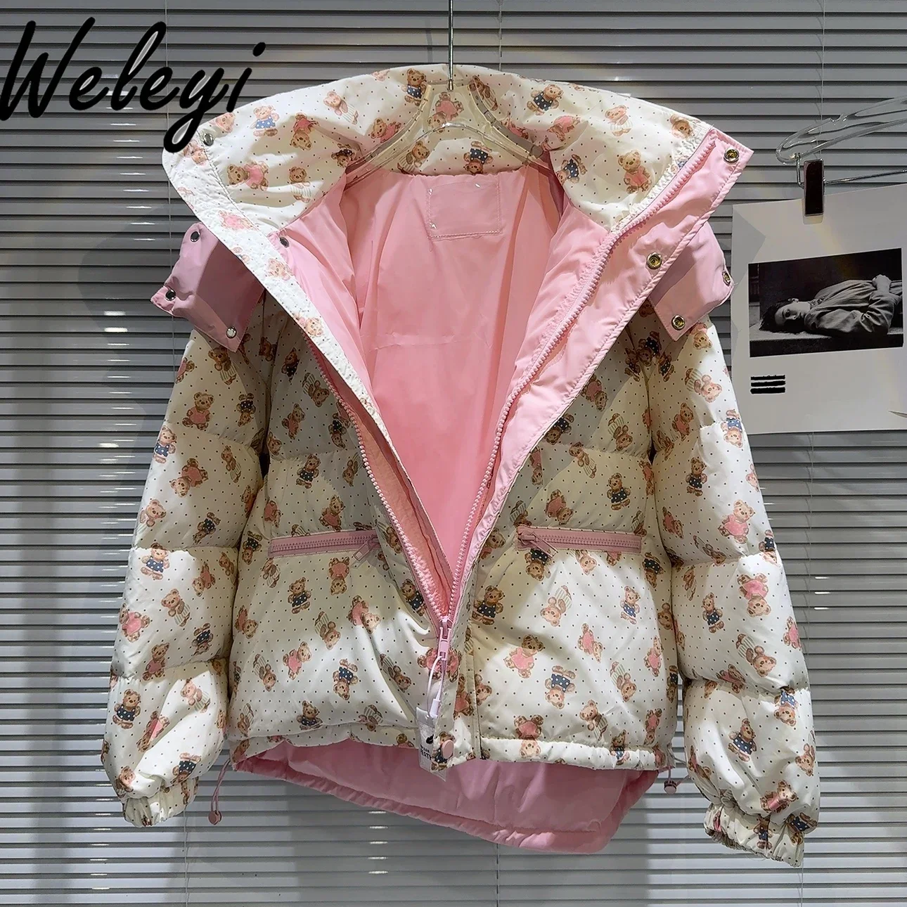 

Warm Cartoon Bear Floral Printed Puffer Jacket Female Student 2024 Winter New Cute Loose Hooded Down Coat Chaquetas Para Mujer