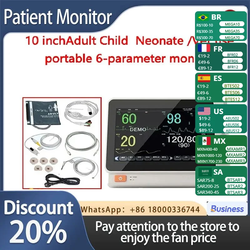 

10 inchAdult Child Neonate /Vet use portable 6-parameter monitor ECG/NIBP/PR/SPO2/RESP/TEMP patient monitor vital signs monitor