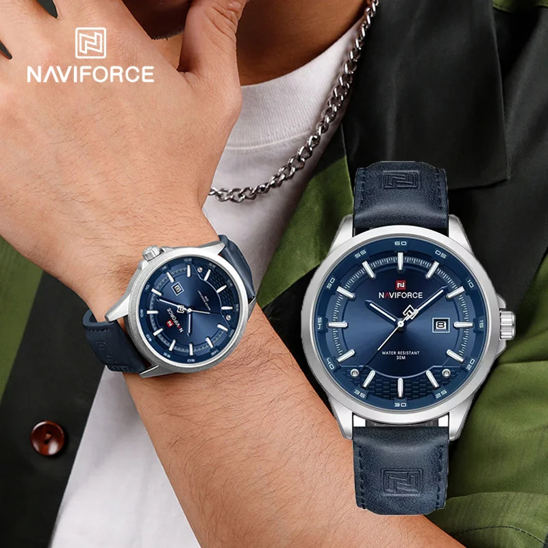 NAVIFORCE Simple Fashion Men Watches Date Display Quartz Waterproof Luminous Leather Strap Mature Style Daily Wear Man's Clock