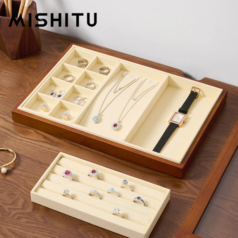MISHITU Solid Wood Jewelry Storage Box Earrings Necklace Pendant Ring Window Display Box Organizer Jewelry Display Storage Trays
