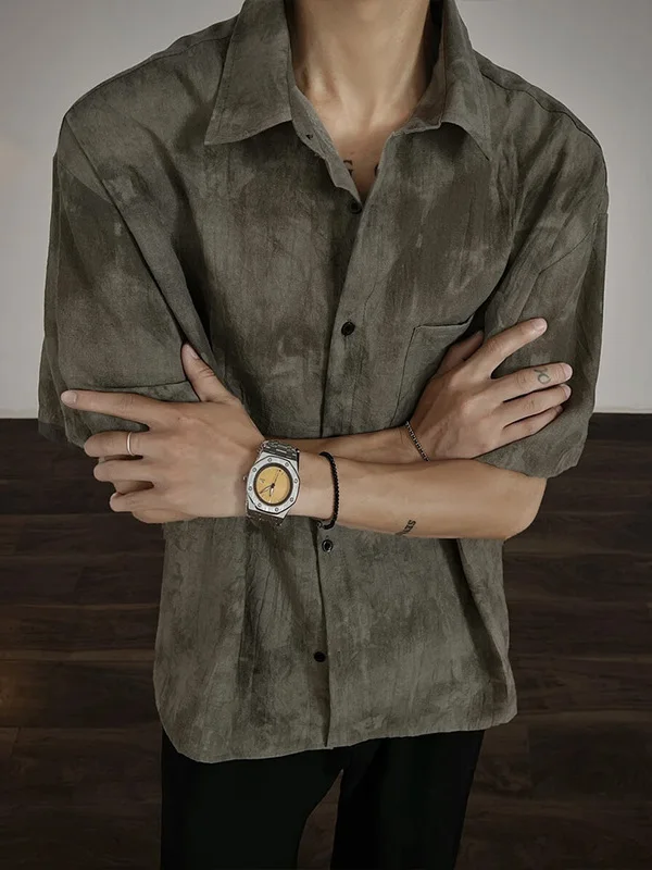 

Men's ort Sve irt Tie Dye Watercolor Print Turn-down Collar f Sve Faionable Summer Top Trendy Casual Wear