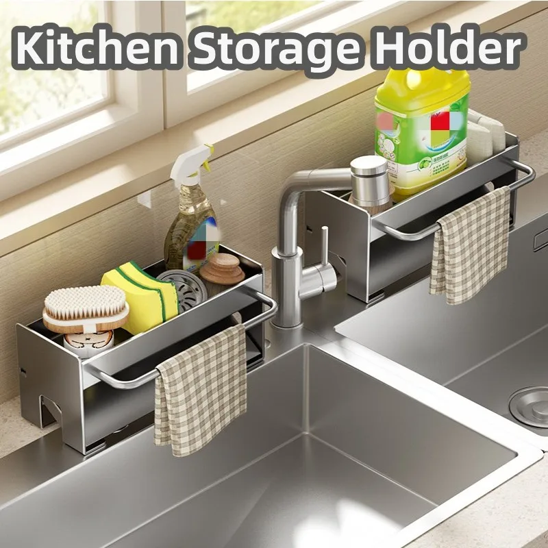 Kitchen Carbon Steel Sink Drain Rack Sponge Storage Faucet Holder Soap Drainer Towel Rack Shelf Organizer Kitchen Accessories