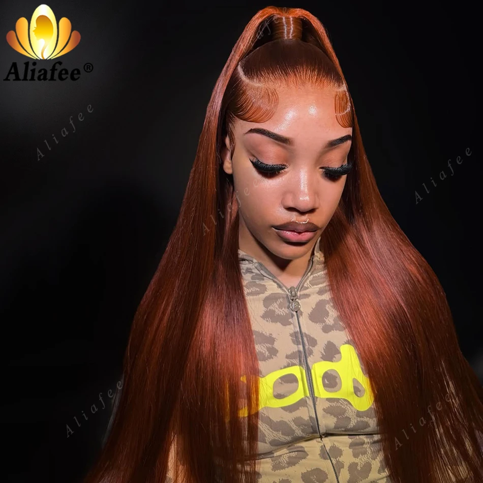 

13x5 DrawString Wigs Dark Orange Brown Long Straight Smooth Hair Wig 13x6 Transparent Lace Frontal Human Hair Wig for Women