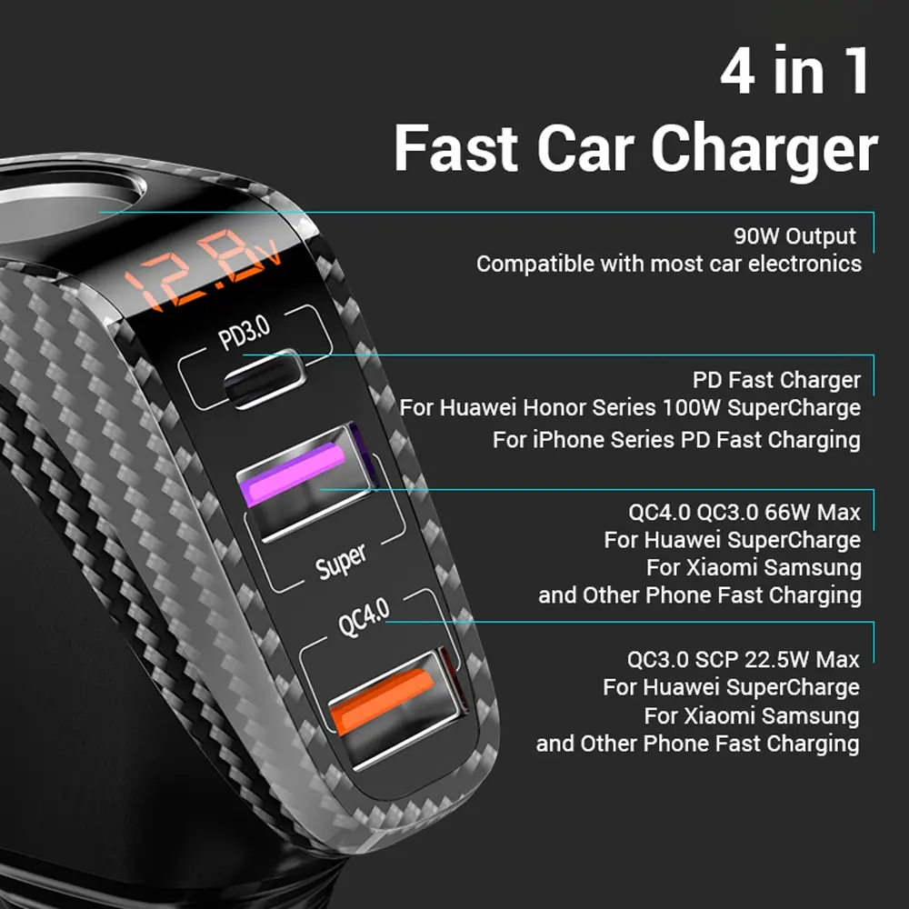 ASOMETECH USB Car Charger With 90W Cigarette Lighter Expansion Port PD SCP FCP Quick Charge For iPhone Samsung Huawei