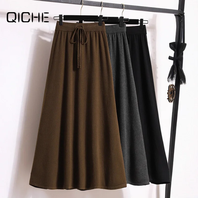 QICHE 2026 Autumn Winter Women Draped Knit Solid A‑Line Skirt Lazy Drawstring Mid‑Length High Waist Umbrella Skirt