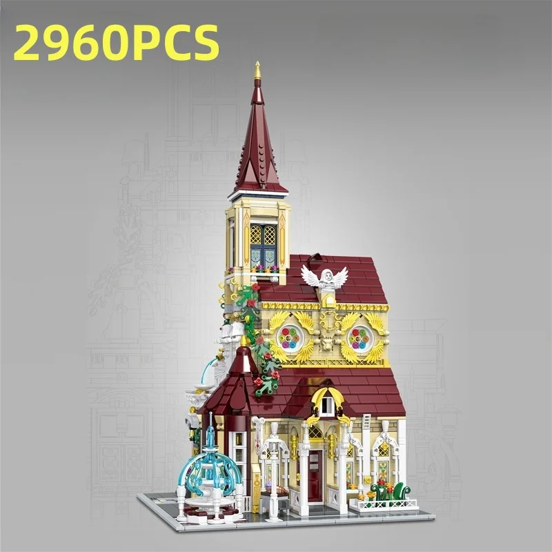 2960PCS Bangunan Modular Rosary Abbey MOC Model Rumah Gereja Arsitektur Perakitan Blok Bangunan Mainan untuk Hadiah