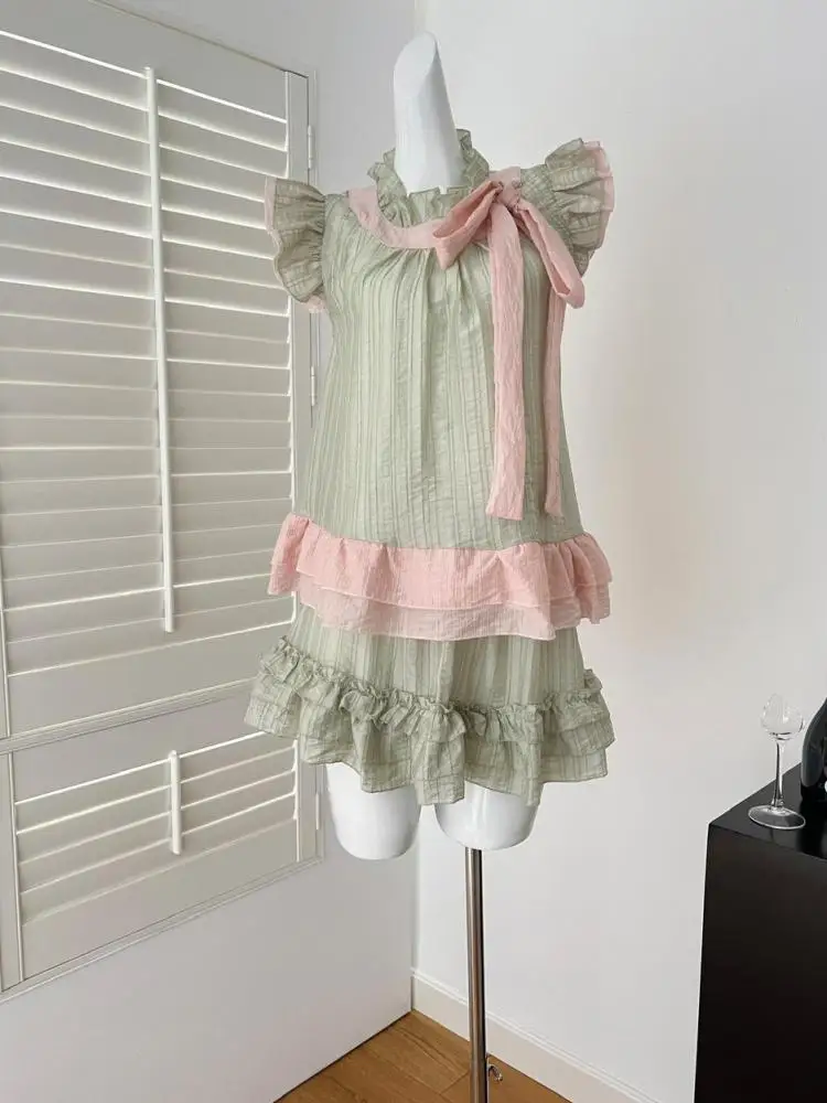 

Vintage Summer Women's Green Pink Patchwork Elegant Sexy Sleeveless Bow Short Tops And High Waist Ruffle Pleated Skirt 2025 Suit