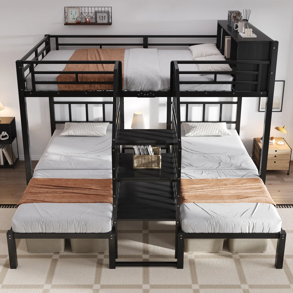 Letto a castello in ferro per 3 persone: comoda scala con corrimano, struttura e contenitore stabili, 90x200 cm e 140x200 cm per la cameretta dei bambini