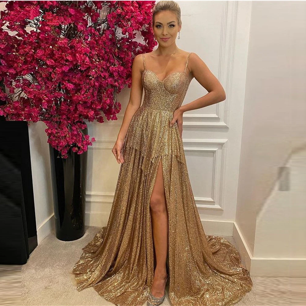 

BridalAffair Glitter Champagne Long Prom Evening Dresses Spaghetti Straps Side Slit Sweep Train Women Special Occasion Dress