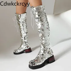 Autumn and Winter New style fashion high-heeled Women's Boots party sexy Bling zipper Cross tie straps Square heel Women's Boots