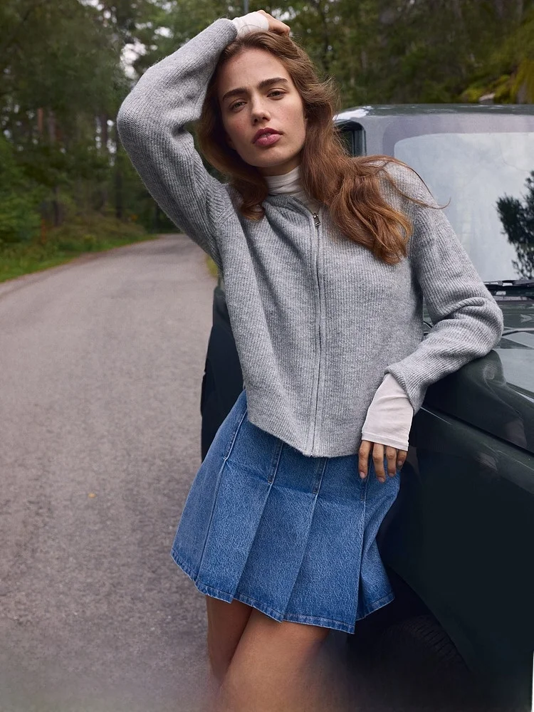 

Женский вязаный кардиган H&M с длинными рукавами, весенний, свободный, на молнии, с капюшоном, с открытым передом, повседневный, из смесовой шерсти и полиэстера