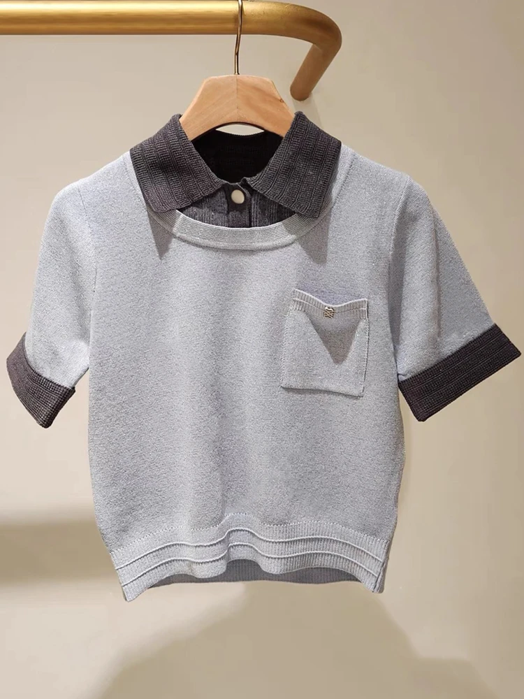 

S Home South Oil High End Women's Summer Preppy Sle Ne Knitted Top T-irt ort Sve Casual Wear Commute Sle