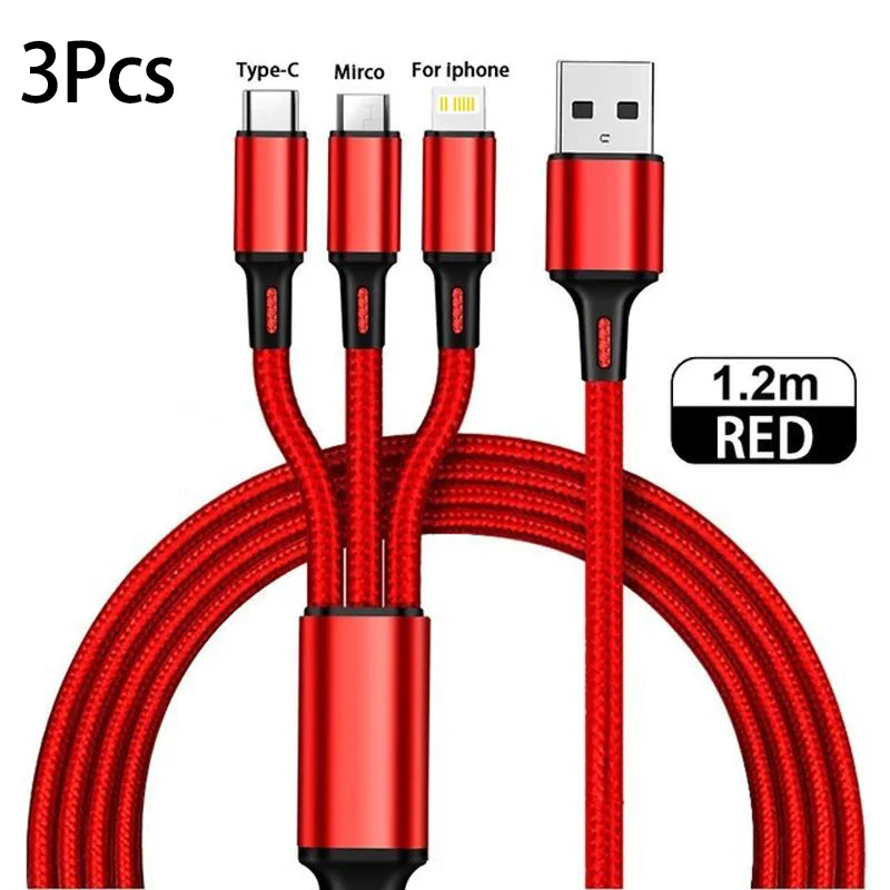 

3Pcs 3 in1 Charging Cable Multi Usb Port Multiple Usb Charging Cord Type C Micro Charger Wire For iPhone 14 13 12 Xiaomi