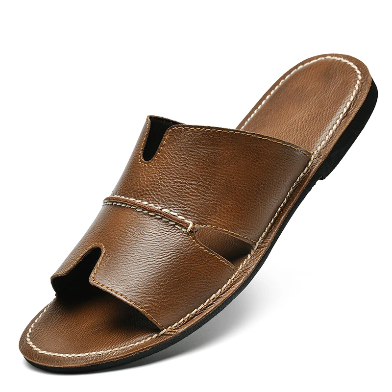 

High-end Summer New Men's Leather Slippers Sandals Beach Outdoor Flat Bottom Open Toe Fashionable and Comfortable Shoes for Men