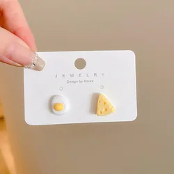 Funny Cute Cartoon Fried Egg Cheese Stud Earrings for Women Korean Minimalist Small Asymmetrical Ear Jewelry Brincos Wholesale