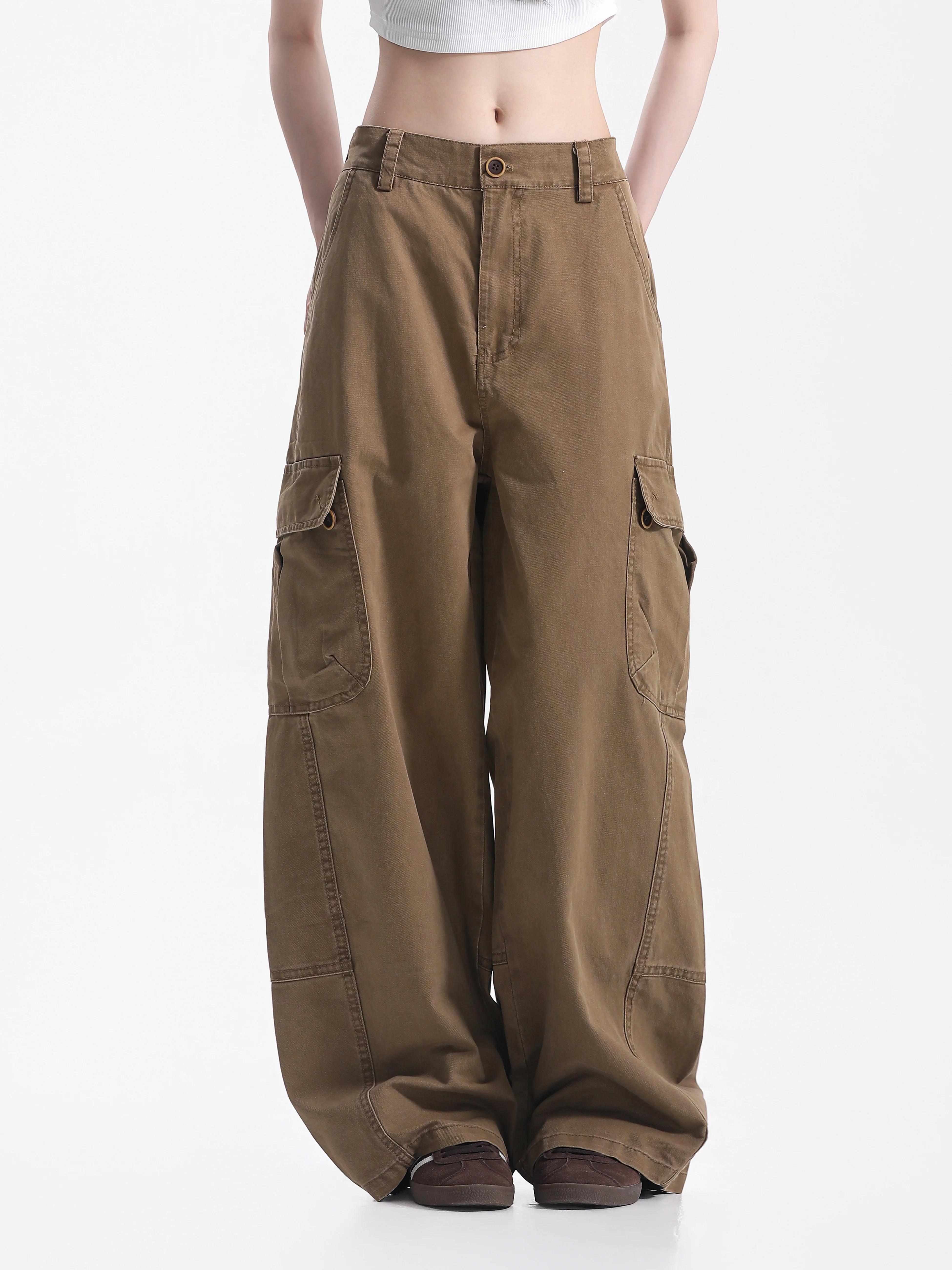 Vintage Large Pocket Work Trousers Draped Wide Leg Neutral Style Autumnal Mermaid Design Cotton Natural Waist Button Closure