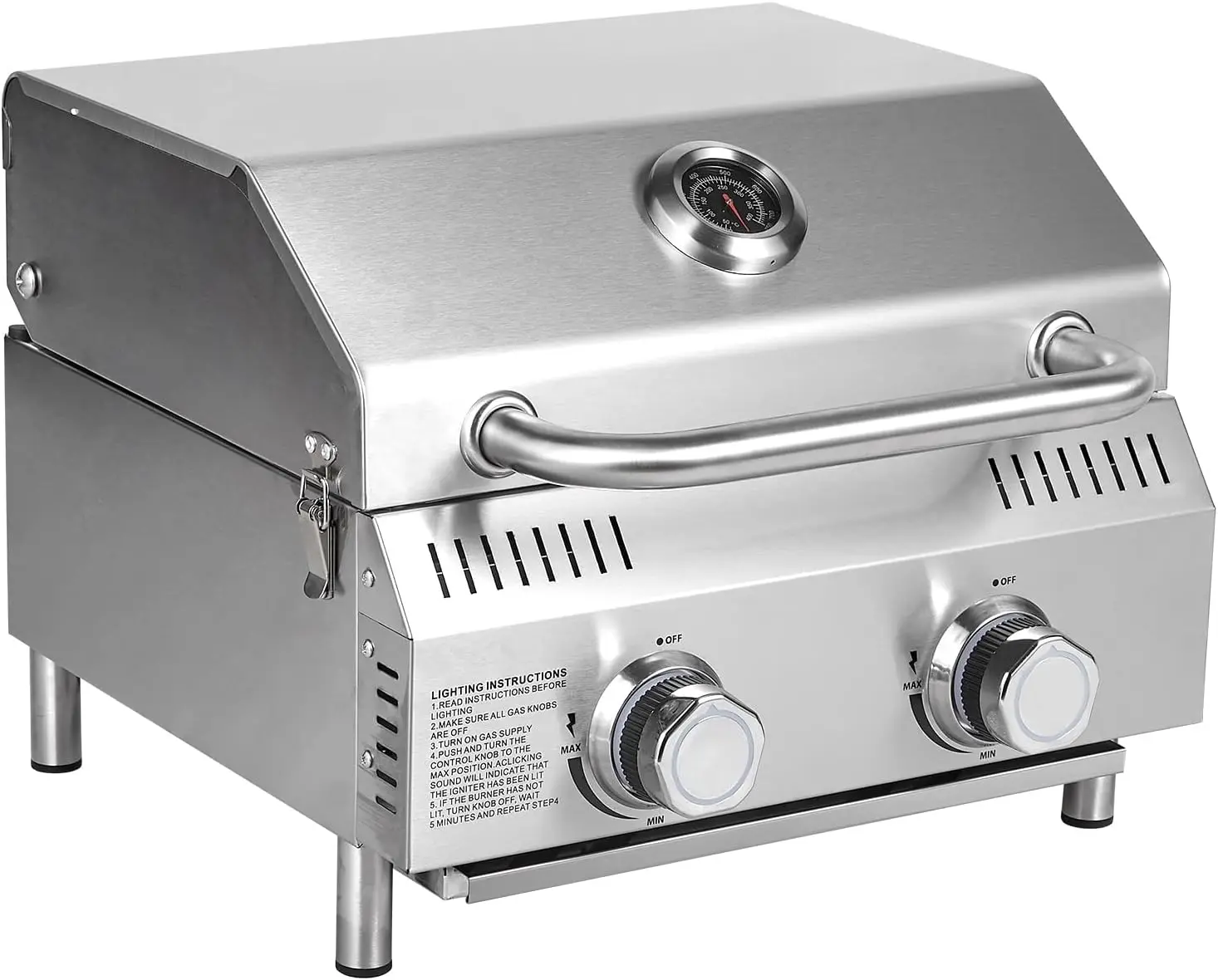 

Настольный газовый гриль с 2 конфорками, 20 000 BTU, из нержавеющей стали, портативный пропановый гриль на ножках для улицы, патио, заднего двора