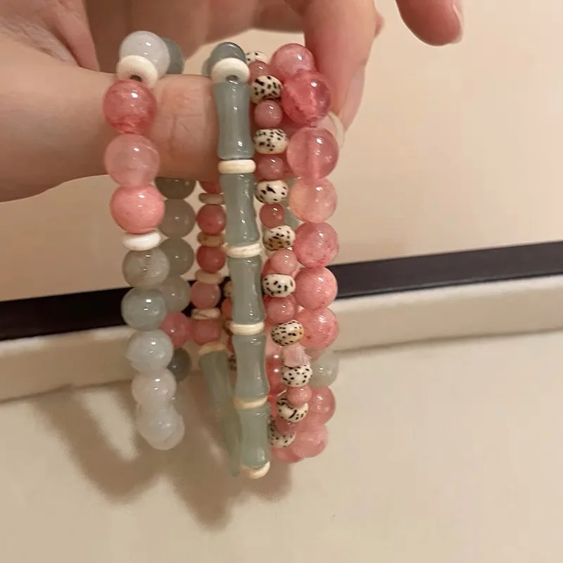Elegant New Chinese Style Beaded Bracelet Bamboo Pink Ball Bead Stretch Bracelet Women's Hand Accessory Daily Party Gift