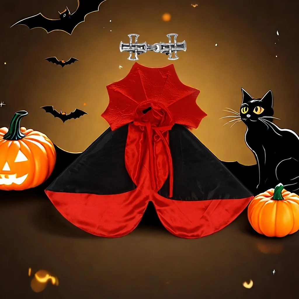 Spooky Halloween Vampire Couture for Cats: 2-Piece Pet Cape & Collar Set - Perfect for Small, Medium, and Large Furry Friends -