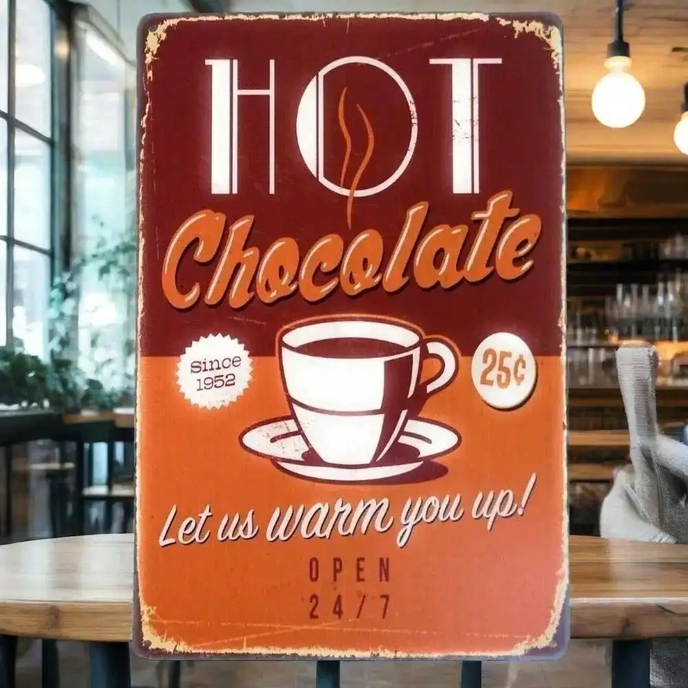 Letrero Metálico Vintage de Hojalata con la Frase 'El Chocolate Caliente Te Calienta', Decoración Retro de Pared para Cocina, Bar, Cafetería
