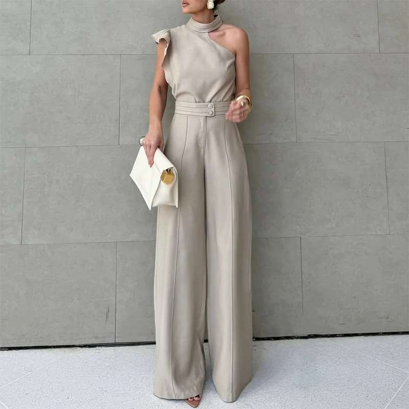 

Женская летняя уличная одежда, сексуальные асимметричные топы без рукавов и прямые брюки, модные нерегулярные однотонные комплекты из двух предметов для поездок на работу