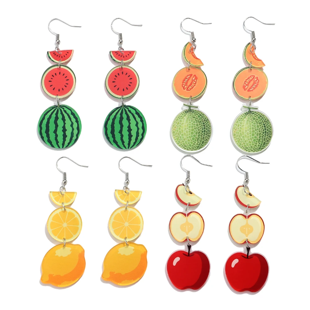 Sweet Acrylic Colorful Fruit Long Drop Earrings Watermelon Lemon Cantaloupe Apple Slice Earring for Women Summer Jewelry Gifts