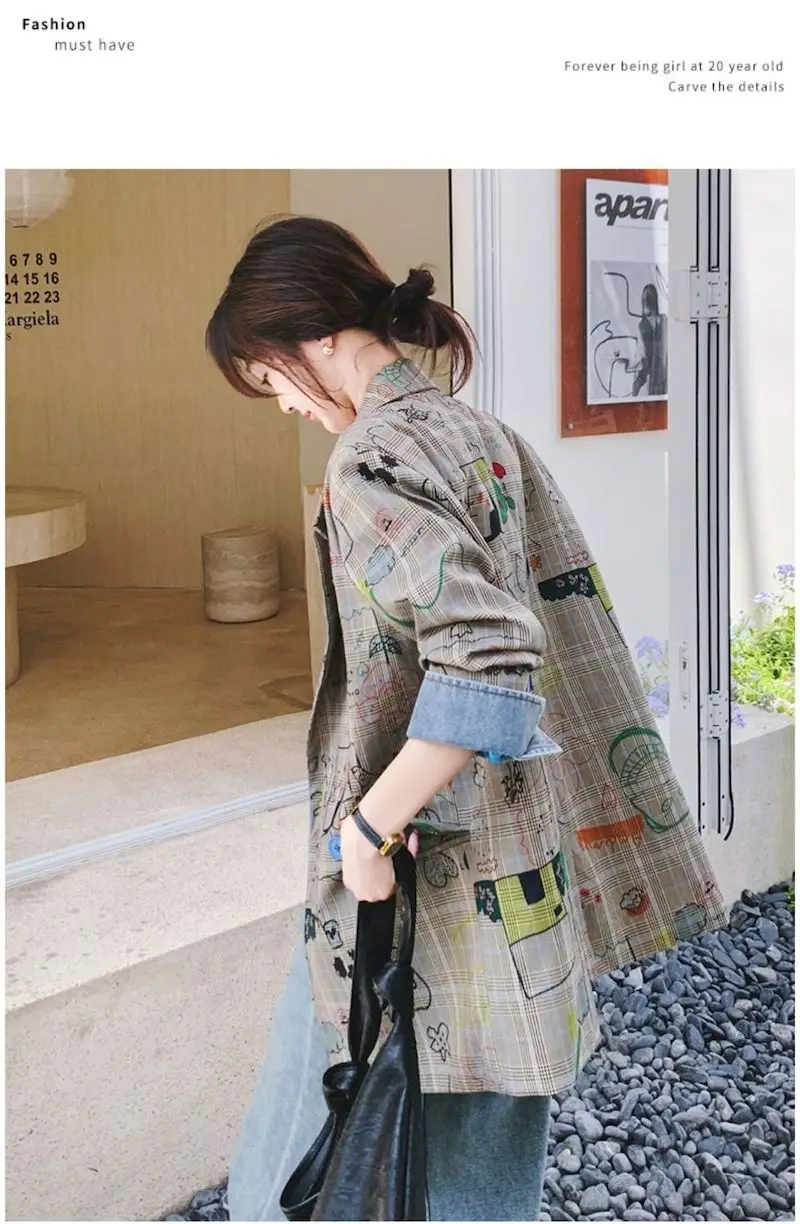Graffiti Plaid Printed Blazer for Women Spring Autumn Trend High-end Casual Suit Jackets Loose Retro Outfit Jacket Fashio Coats