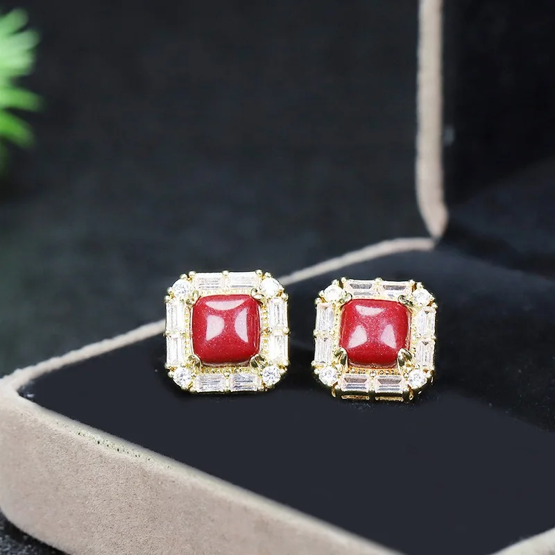 

Natural Cinnabar Stud Earrings of The Same Style, Classic Fashion Temperament Jewelry