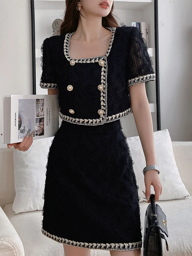 French Elegant Office Lady Suit Square Collar Short Sleeve Double-breasted Tops High Waist Slim A-line Skirt Two-Piece Set Women