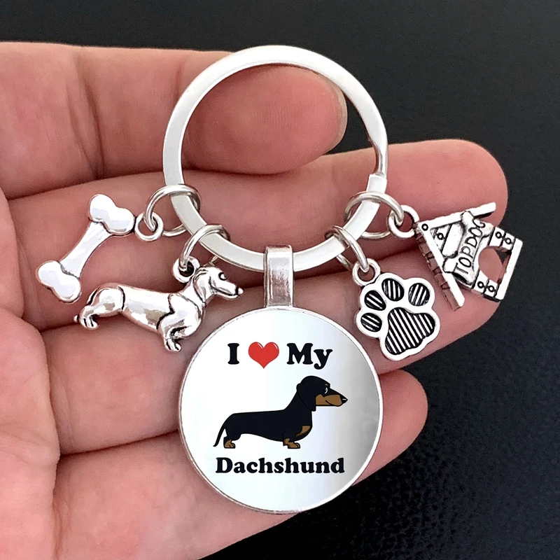 I Love Dachshunds Keychain Cute animal Cartoon dog Keychain dog Glass Convex Keyring Gift For woman Man Jewelry